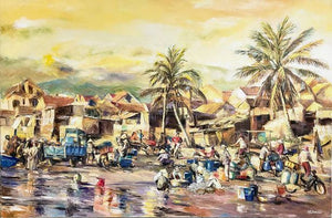 Tranh sơn dầu quê hương "Chợ cá"