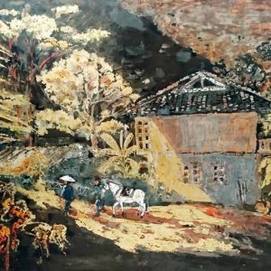 Tranh sơn mài "Buổi sớm ở bản"