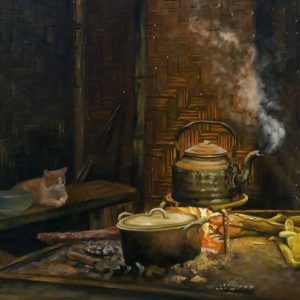 Tranh sơn dầu vẽ bếp lửa "Đối thoại"