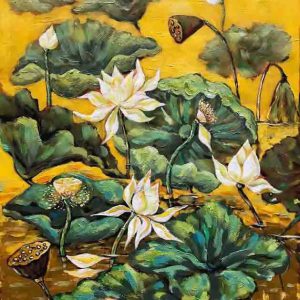 Tranh sơn dầu vẽ hoa sen "Nắng chiều"