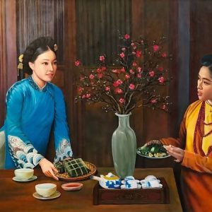 Tranh chân dung sơn dầu Chuyện ngày tết