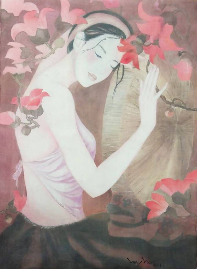 Tranh chân dung lụa "Lặng lẽ"