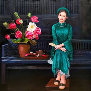 Tranh chân dung Cô gái bên hoa sen