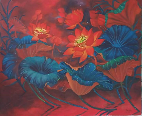 Tranh sơn dầu quê hương "Sen hồng"