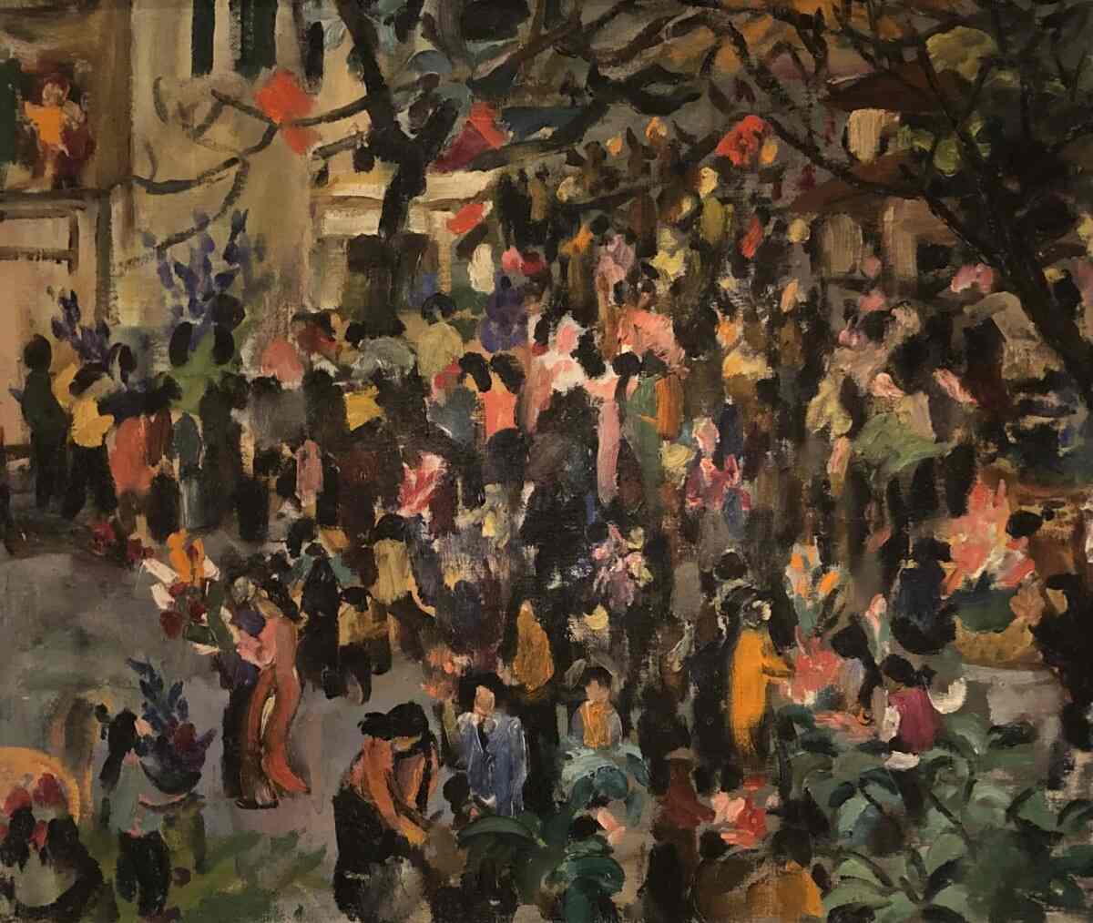 Tranh chợ hoa hoạ sĩ Lệ Dung phong cảnh mùa xuân