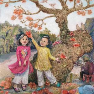 Tranh sơn dầu quê hương "Tuổi thơ"