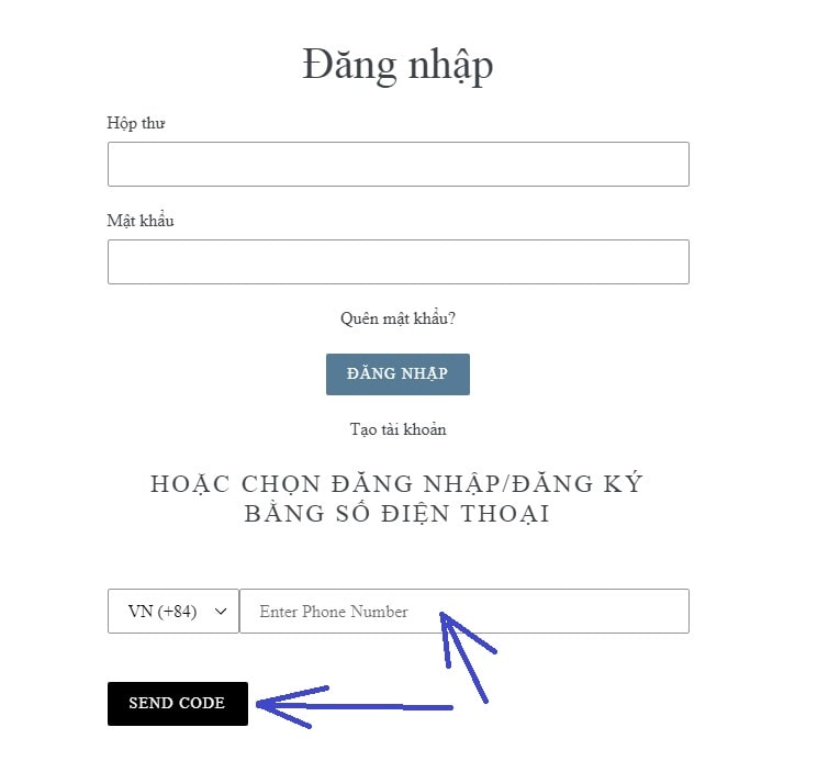 Quý khách chọn mã vùng đúng (VN là +84) nhập vào số điện thoại đúng, đầy đủ và click vào Send code