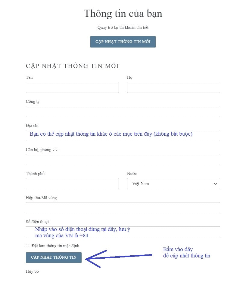 Cập nhật số điện thoại người dùng