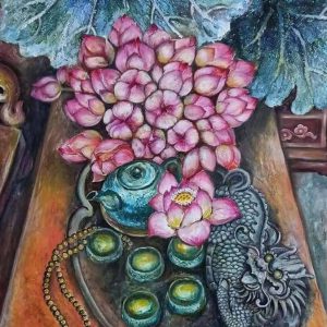 Tranh sơn dầu "Trà sen"