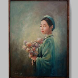 Tranh chân dung sơn dầu "Thiếu nữ và hoa sen"