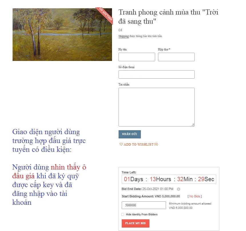 Người dùng nhìn thấy giao diện đấu giá khi đã đóng tiền ký quỹ và được cấp "key"