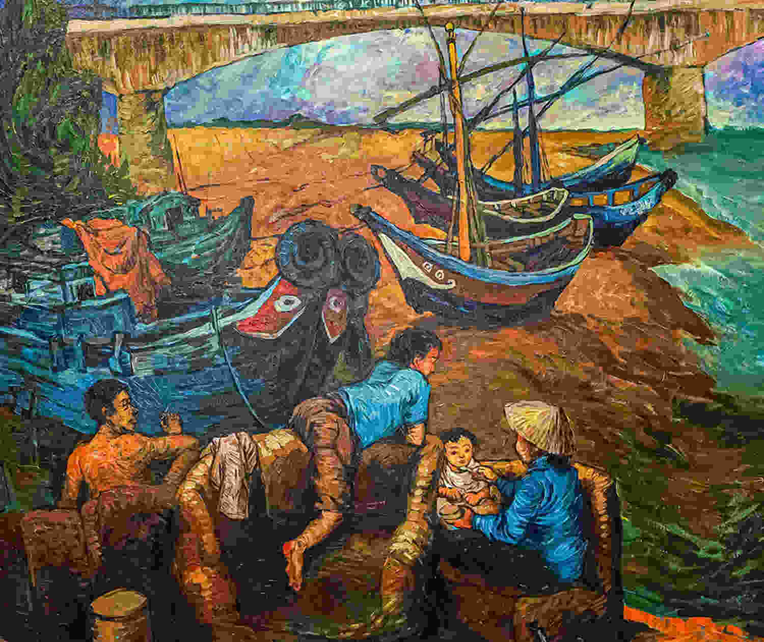 Hình ảnh người dân xóm chài mưu sinh theo phong cách vẽ Van Gogh