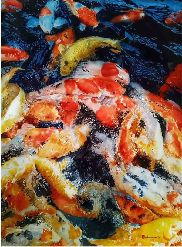 Bức tranh “Hoan hỉ” của họa sĩ Nguyễn Anh Dũng được vẽ bằng màu nước