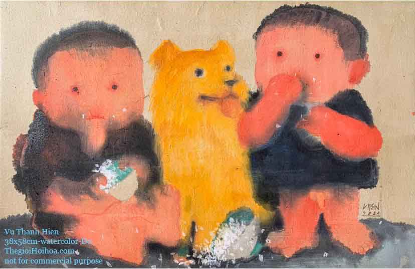 Tranh giấy dó "Cơm cùng bạn", họa sĩ Vũ Thanh Hiền