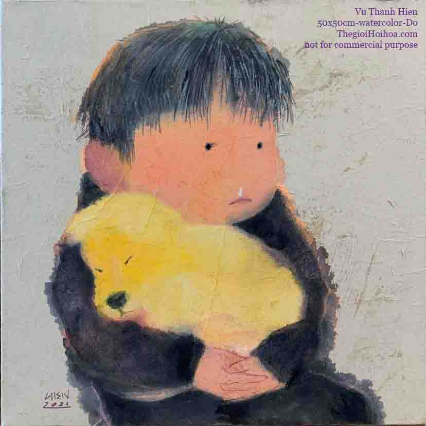 tranh giấy dó "Em bé và con chó", họa sĩ Vũ Thanh Hiền
