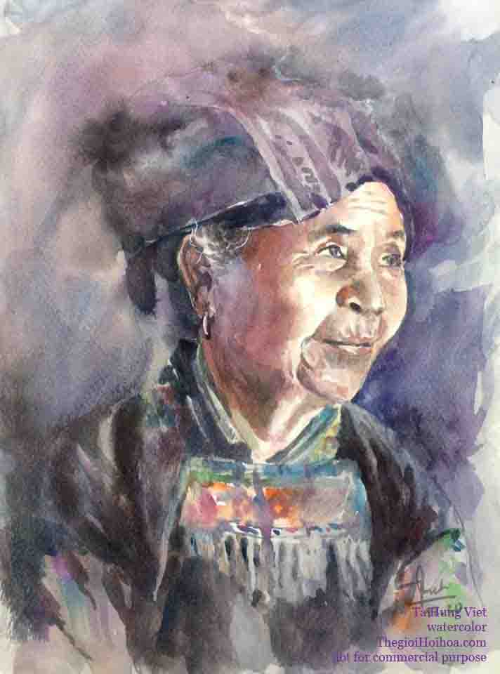 Tranh chân dung màu nước vẽ từ hình chụp, họa sĩ Tạ Hùng Việt