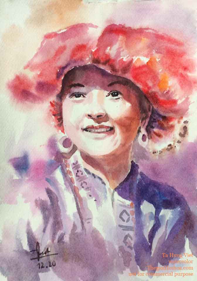 Tranh chân dung màu nước "Thiếu nữ", họa sĩ Tạ Hùng Việt