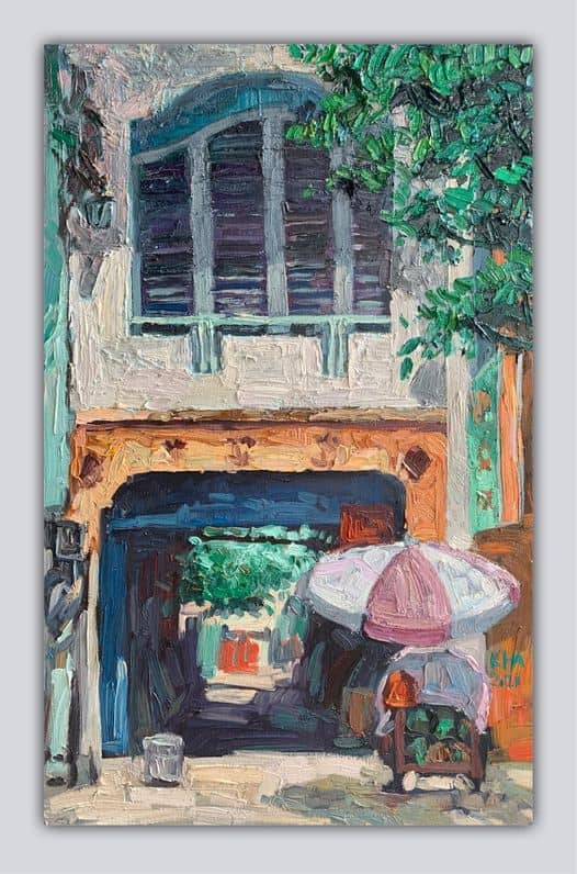 Tranh sơn dầu vẽ Sài Gòn họa sĩ Hoàng Tuấn Kha "Hẻm 68 Nguyễn Thái Bình"