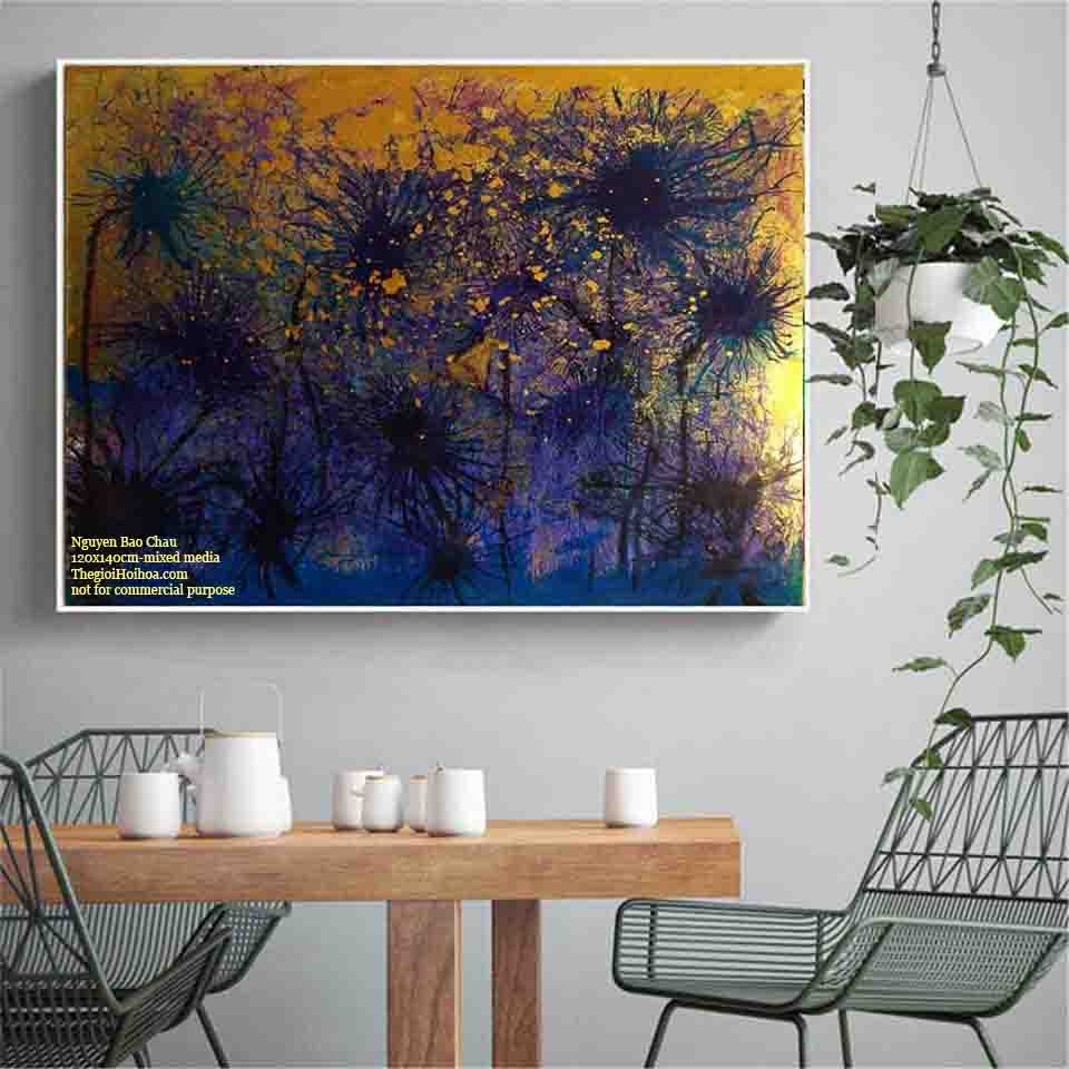 Tranh vẽ hoa sen sơn dầu của họa sĩ Nguyễn Bảo Châu có thể mang đến không gian kiến trúc độc đáo