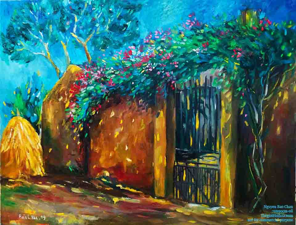 Những màu đa sắc đan xen của họa sĩ Nguyễn Bảo Châu trong tranh sơn dầu "Cổng hoa và nắng" đem đến một khung cảnh sống động, hài hòa