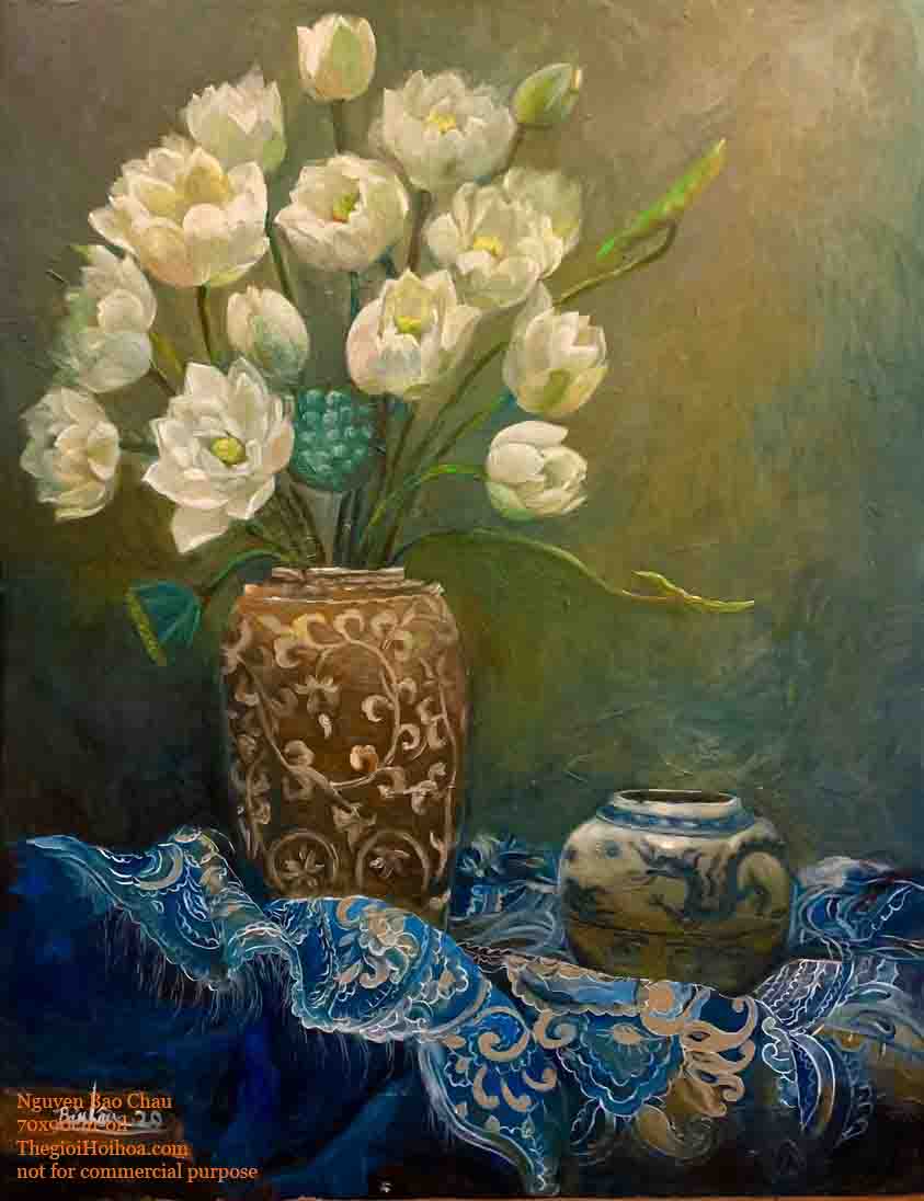 Những cánh sen như đang hé nở trong tranh tĩnh vật hoa "Bạch liên" của họa sĩ Nguyễn Bảo Châu