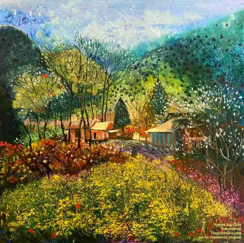 Khung cảnh thiên nhiên vùng cao mộng mơ trong tác phẩm "Vùng cổ tích 10" của họa sĩ Nguyễn Bảo Châu