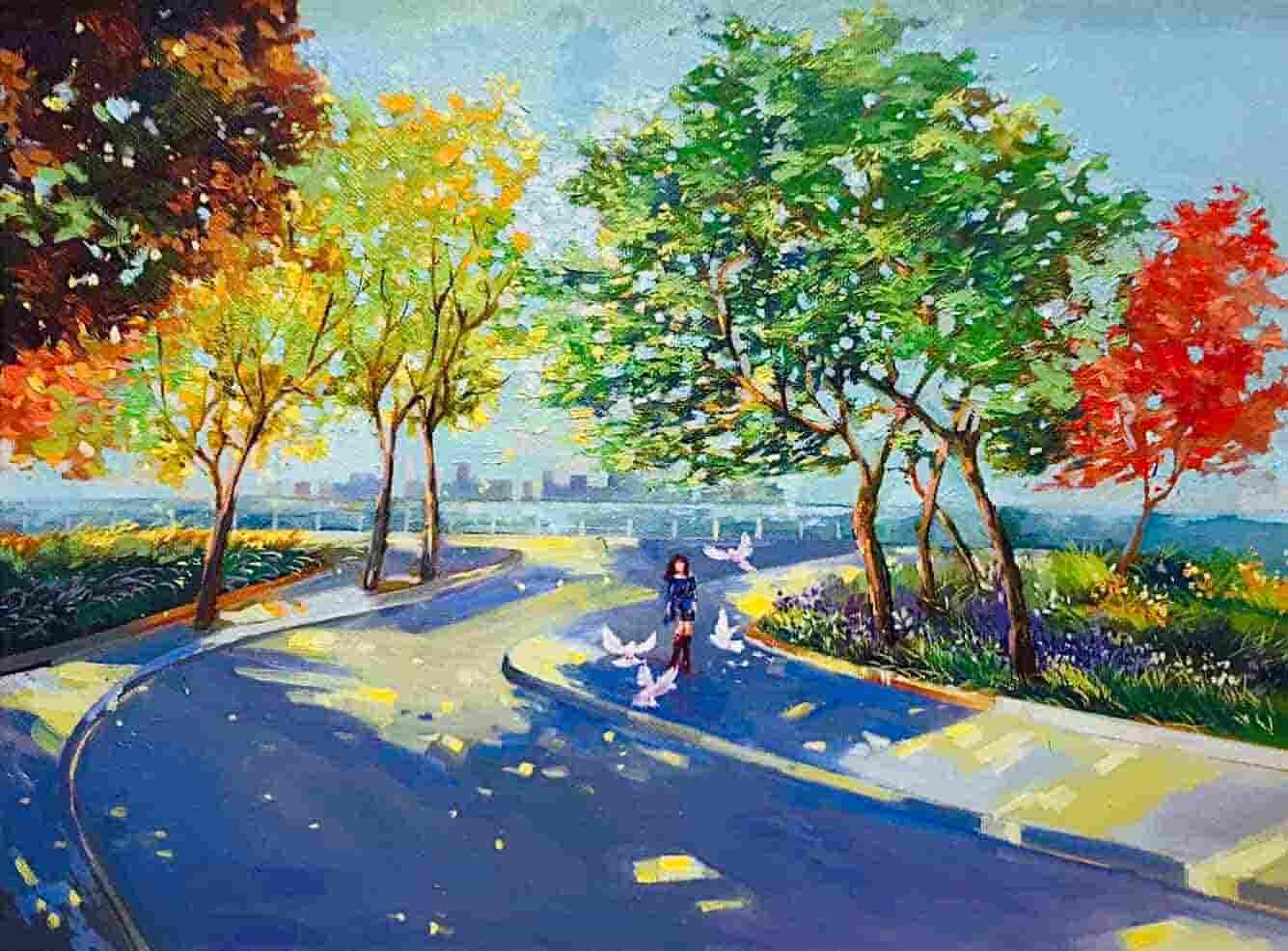 Tranh phong cảnh Hà Nội họa sĩ Nguyễn Đắc Tưởng "Mùa thu bên Hồ Tây"