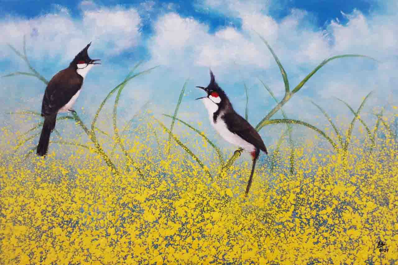 Tranh sơn dầu vẽ chim họa sĩ Nguyễn Hiệu "Đối thoại"