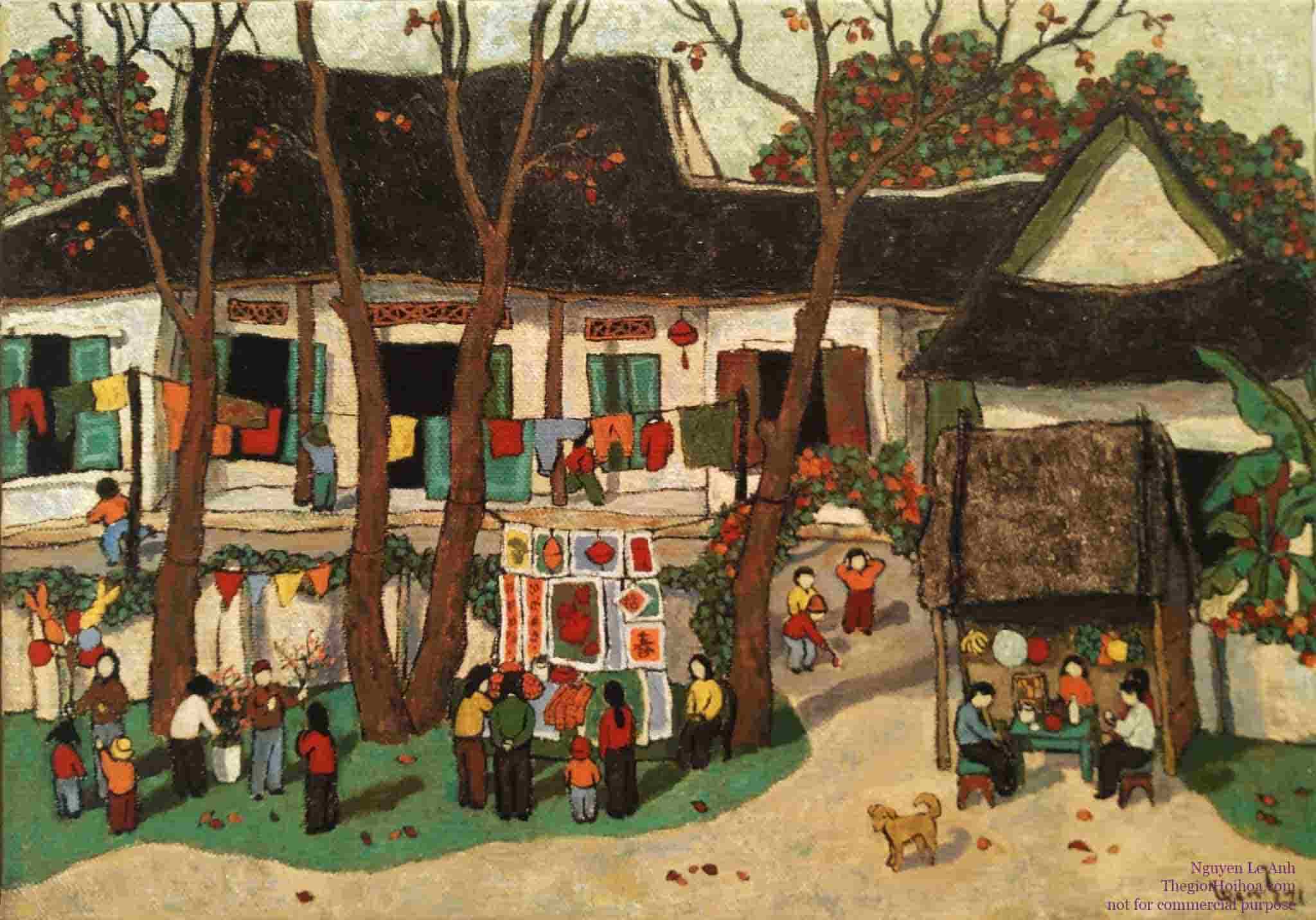 Khung cảnh làng quê, phố huyện trong tranh họa sĩ Lê Anh, với đình làng và những trò chơi tuổi thơ