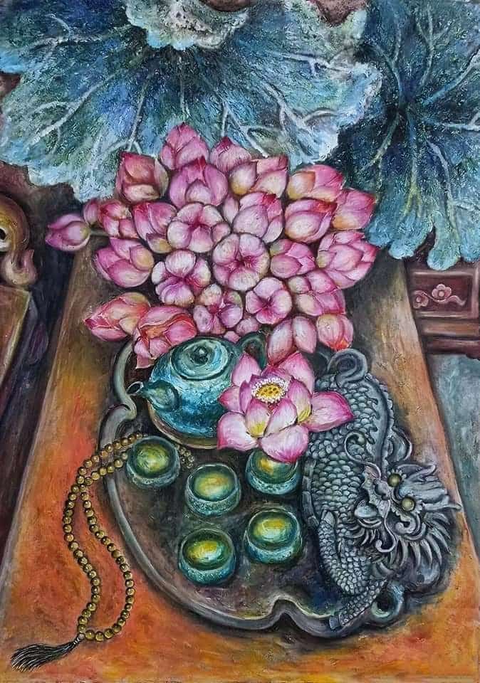 Tranh sơn dầu quê hương họa sĩ Nguyễn Nhật TP "Trà sen"