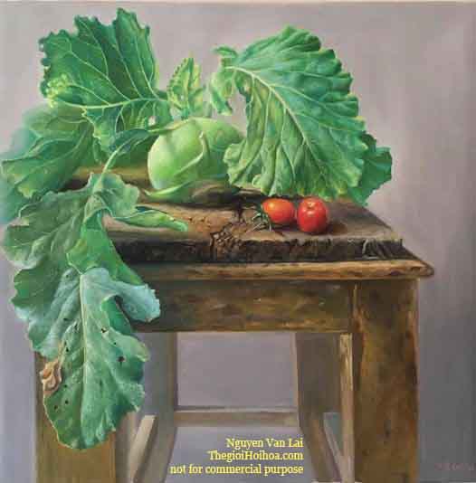 Tranh tĩnh vật họa sĩ Nguyễn Văn Lai với màu sắc tươi mát, chân thực khiến cho người xem nhầm tưởng là hình chụp