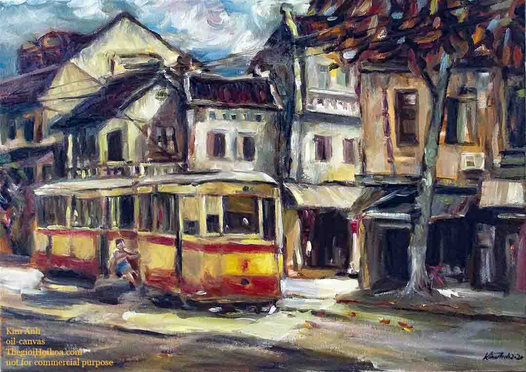 tranh sơn dầu "Tàu điện cũ", họa sĩ Kim Anh