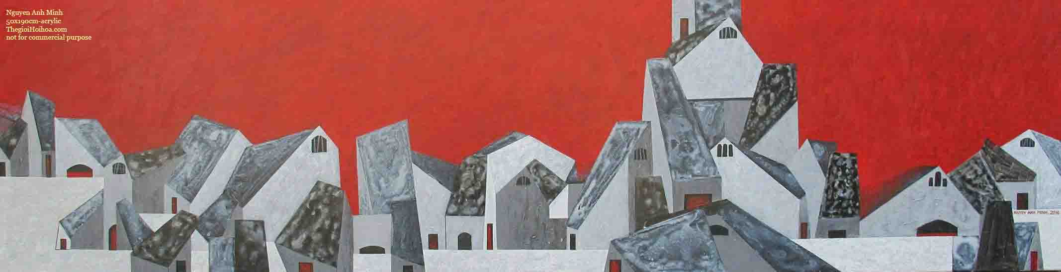 Tạo hình đa chiều của họa sĩ Nguyễn Anh Minh giúp cho những bức tranh phố như có sự vận động, có mạch và nhịp - tranh "Không gian đỏ"