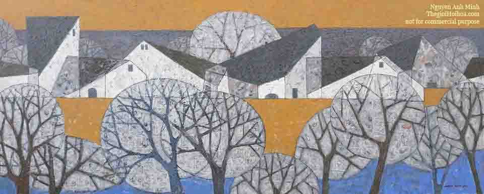 Những khu phố bê tông bỗng trở nên mềm mại và lãng mạn lạ thường trong bức vẽ "Đông về" của họa sĩ Nguyễn Anh Minh
