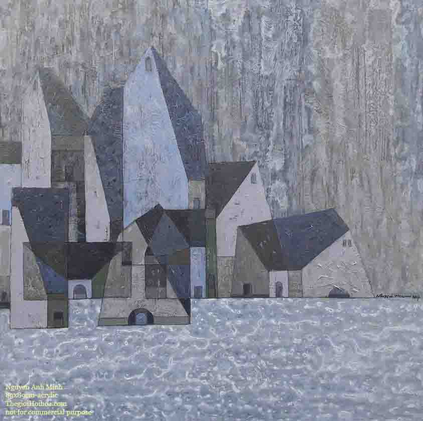 Họa sĩ Nguyễn Anh Minh với tranh vẽ "phố mưa", không gian đa chiều, bố cục và màu sắc có thể đặc tả cơn mưa, bầu trời, không gian phố trong cơn mưa