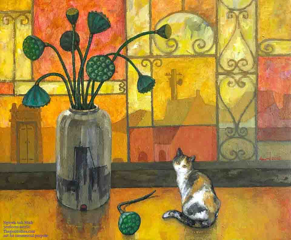 Tranh tĩnh vật của họa sĩ Nguyễn Anh Minh cũng mang màu sắc phố - tác phẩm "Bên ô cửa"