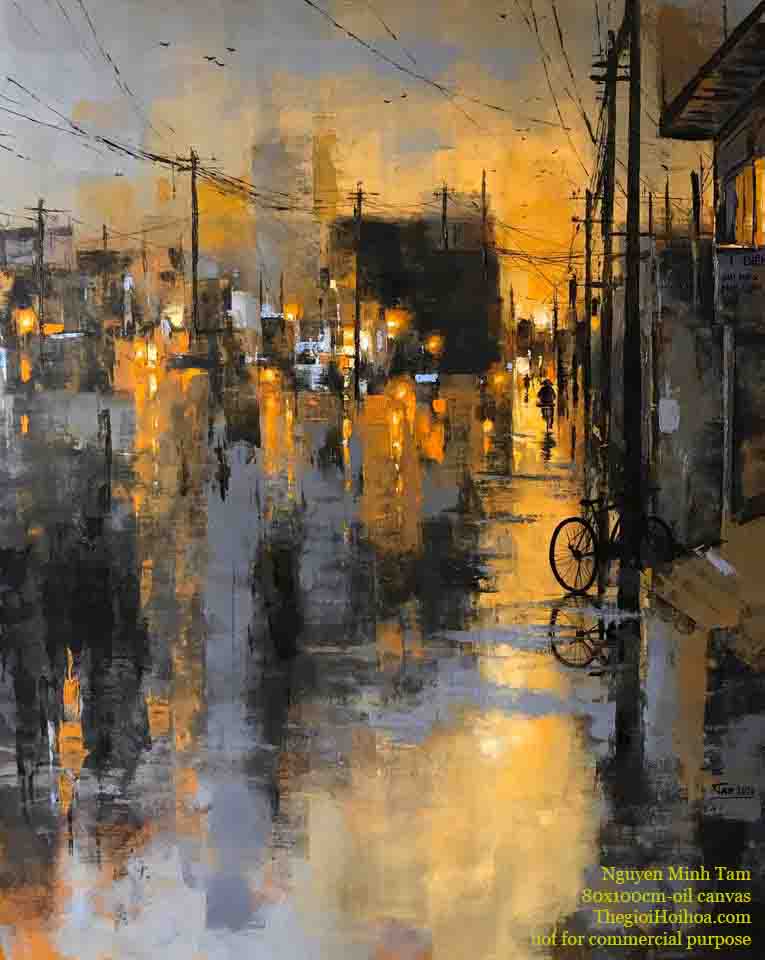 tranh sơn dầu "phố sau cơn mưa no.2", họa sĩ Nguyễn Minh Tâm