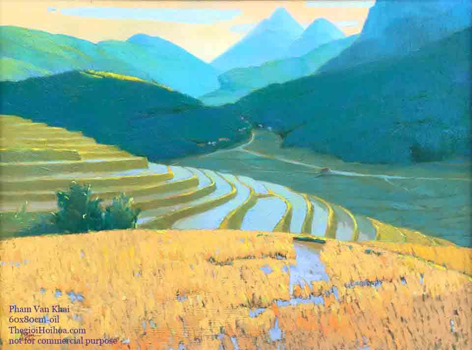 tranh sơn dầu "Bản Páng", họa sĩ Phạm Văn Khải