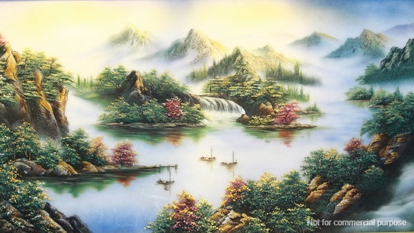 Bức tranh sơn thủy với màu sắc nhẹ nhàng, tạo cảm giác bình yên, thanh thản