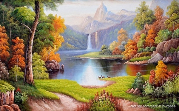 Tranh sơn thủy hữu tình đẹp miêu tả cảnh sắc thiên nhiên yên bình vào mùa Thu