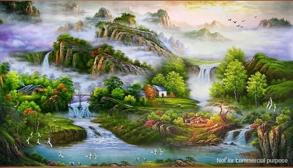 Tranh sơn thủy hữu tình bố cục đặc sắc, tạo nên sự mờ ảo, huyền bí, đầy thu hút