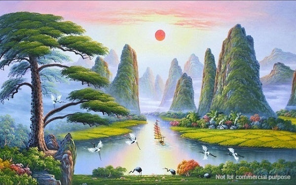 Tranh sơn thủy hữu tình miêu tả cảnh hoàng hôn thơ mộng, thích hợp treo tại phòng khách