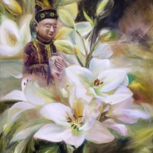 Tranh tĩnh vật "Bức tượng cổ và hoa ly ly"