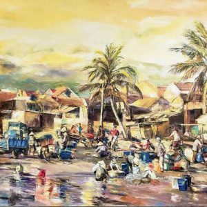 Tranh sơn dầu quê hương "Chợ cá"