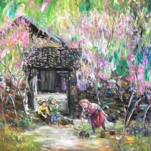 Tranh phong cảnh mùa xuân "Cho lợn ăn"