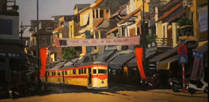 Tranh sơn dầu "Hà Nội xưa và nay", họa sĩ Phạm Luận