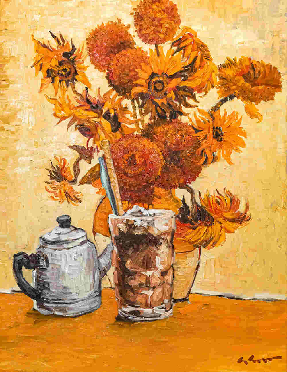 Sáng tạo của hoạ sĩ với tranh hoa hướng dương và ly cà phê sữa đá đặc trưng của Việt Nam