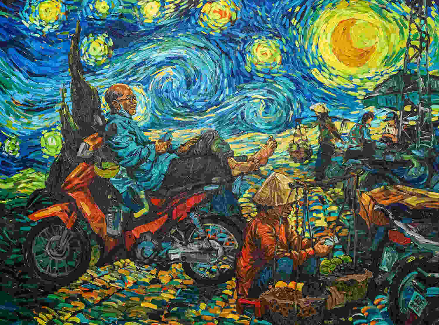 Bác xe ôm và gánh hàng rong trong tranh Trần Trung Lĩnh