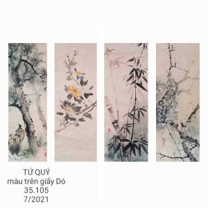 Bộ 4 bức tranh giấy Dó "Tứ quý" Tùng Mai Trúc Cúc